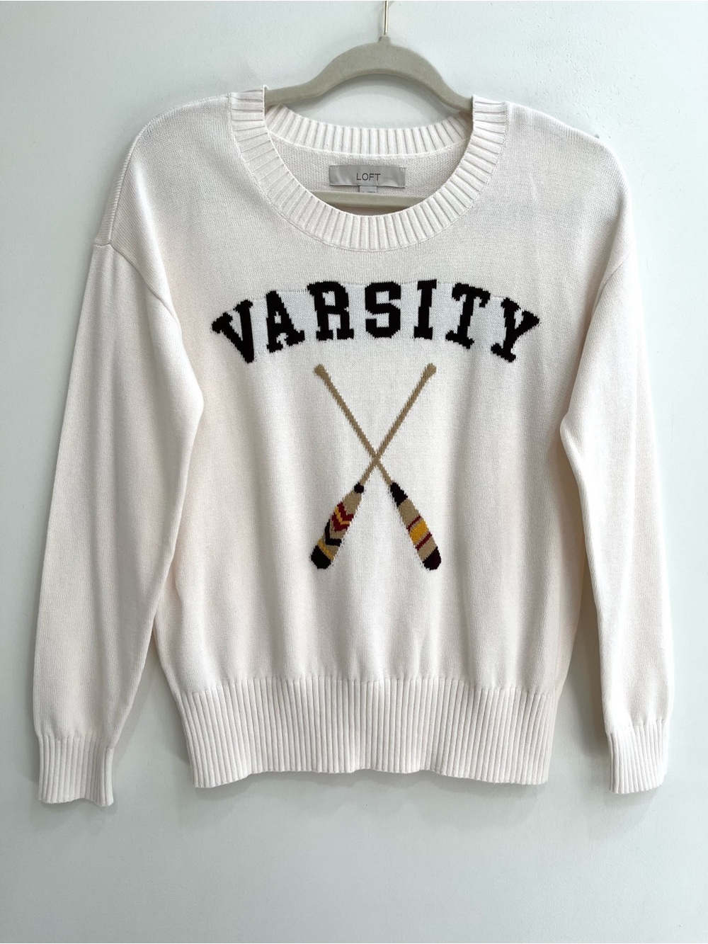 LOFT Cream Varsity Rowing Sweater crossed oars preppy collegiate old money small